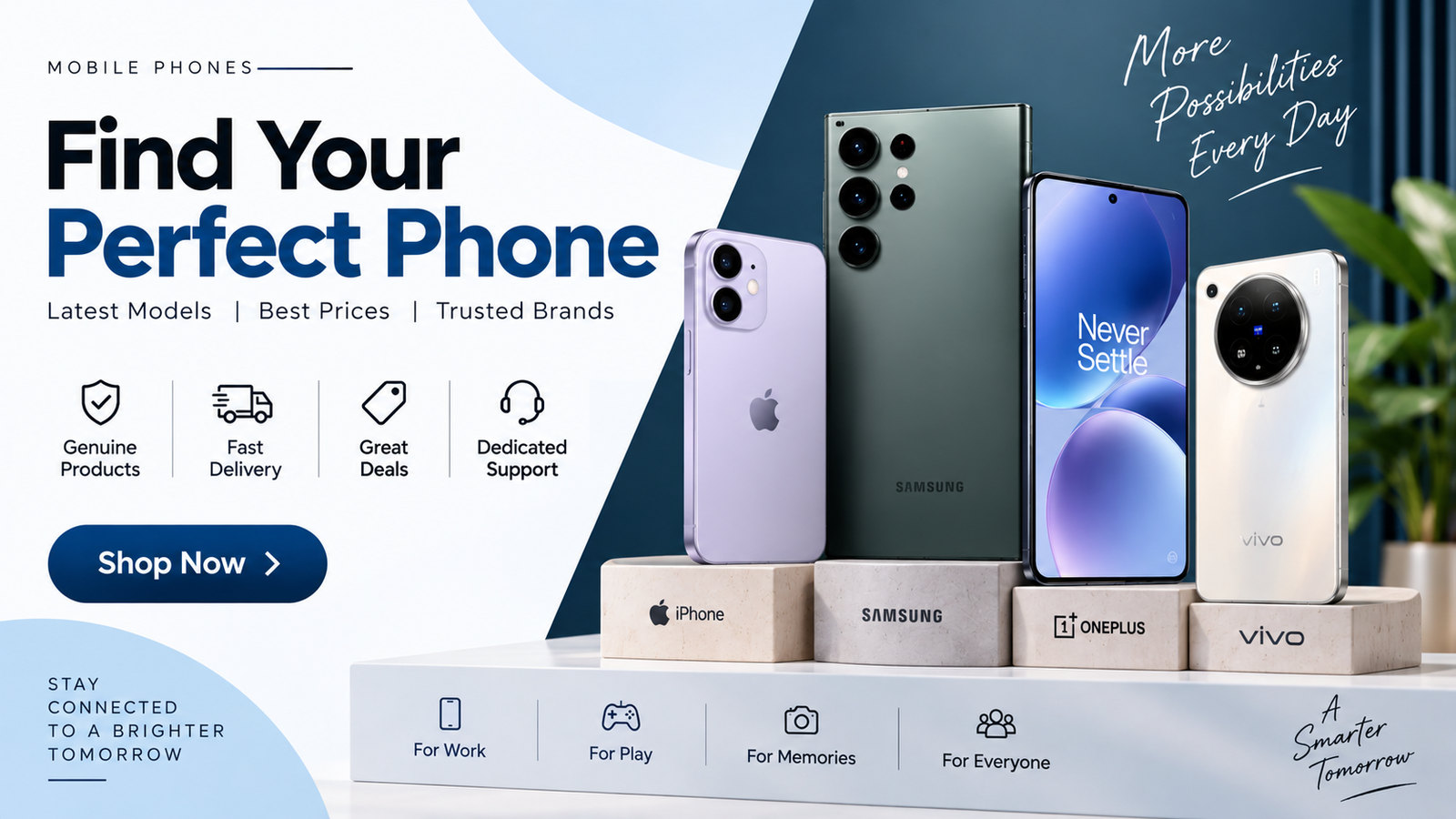Latest mobile phones banner with multiple smartphones, featuring trusted brands, attractive deals, fast delivery, and modern smartphone designs.