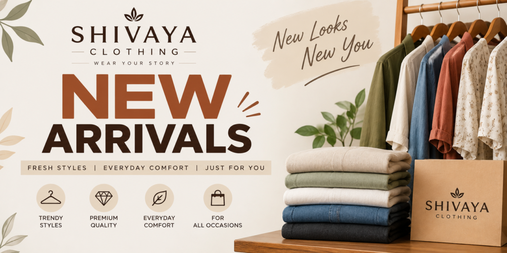Where can I find sustainable clothing brands in India? SHIVAYA CLOTHING New Arrivals banner featuring stylish clothing on a rack and folded garments.