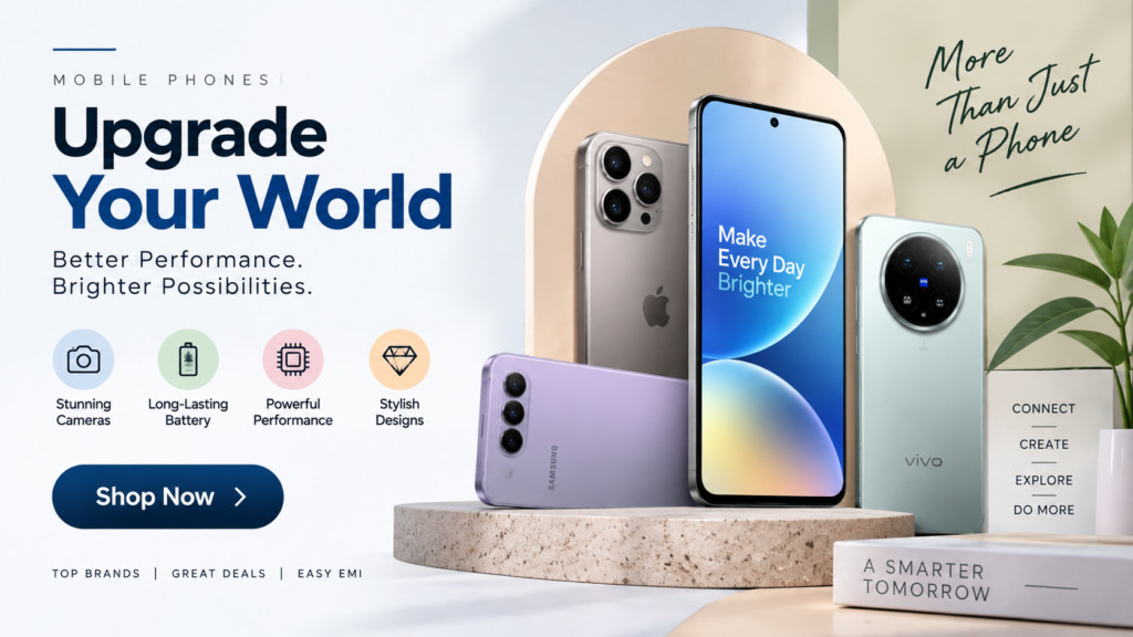 Mobile Phones banner featuring the latest smartphone models, trusted brands, great deals, fast delivery, and modern phone designs.